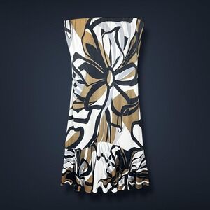 Cache Dress Womens 10 Brown Black White Strapless‎ Floral Midi Ruffle Hem USA